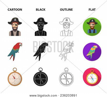 Pirate, Bandit, Hat, Bandage .pirates Set Collection Icons In Cartoon, Black, Outline, Flat Style Ve