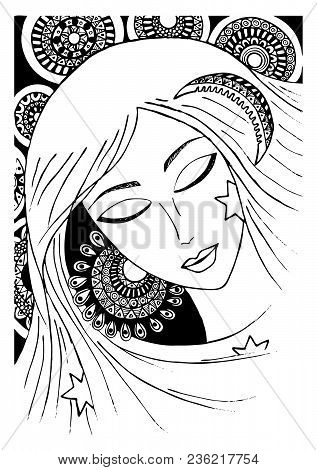 Girl Or A Woman With A Sunny Ear, A Crest Of A Month And Stars. Sentagle. Vector. Sketch