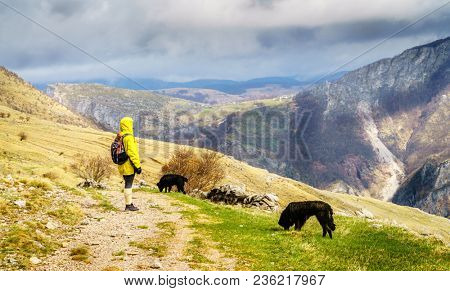 Woman is hiking in Dinaric Alps near Sarajevo, Bosnia-Herzegovina