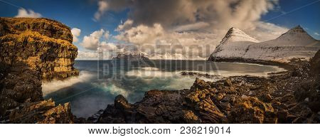 Gjogv Village Coastline With Kalsoy Island In Background, Faroe Islands
