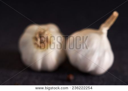 Blurred For Background. On The Table, Seasonings Garlic