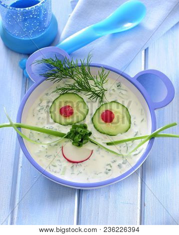 Cucumber And Radish Cold Soup Decorated For Children Fun.
