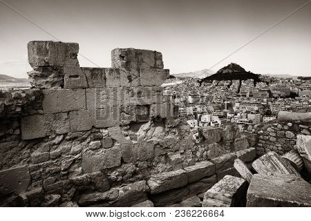 Mt Lykavitos and ruins in Acropolis in Athens, Greece.