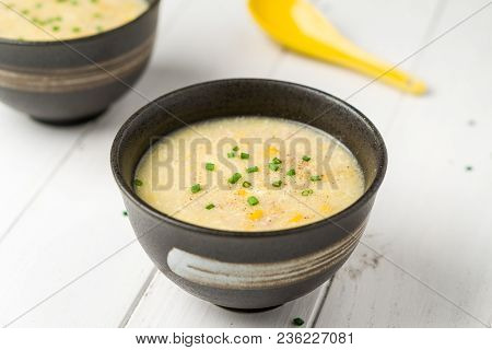 Asian Chicken And Corn Soup. A Cantonese Cuisine Dish Often Served As Starter Food In Chinese Restau