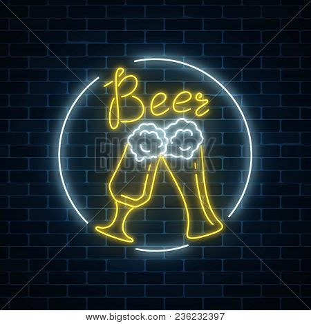 Glowing Neon Beer Sign In Circle Frame On Dark Brick Wall Background. Luminous Advertising Signboard