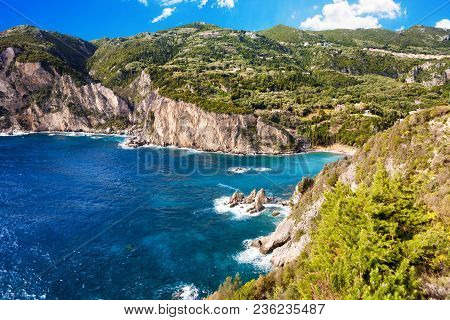 Beautiful Beach In A Bay At Paleokastritsa In Corfu, Greece