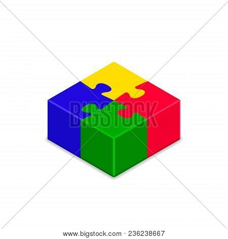 Isometric Cube Puzzle Pieces Isolated On White. Teamwork, Cooperation And Solution Concept. Flat Des