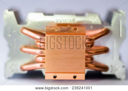 Aluminum Radiator With Copper Heat Pipe Close-up With Beautiful Bokeh Concept Of Air Cooling Of The 