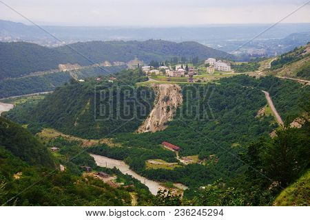 Georgia, Svaneti, Potskho-etseri. Picturesque Summer Mountain Landscape And A Small Village With Cru