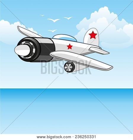 Warplane Flies In Sky On Ocean.vector Illustration
