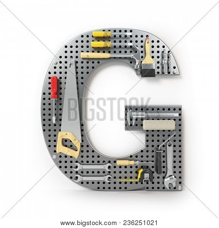 Letter G. Alphabet from the tools on the metal pegboard isolated on white.  3d illustration