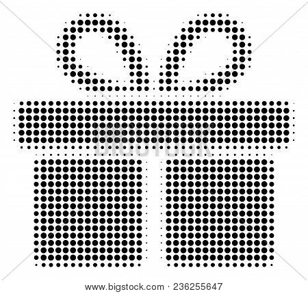 Gift Halftone Vector Pictogram. Illustration Style Is Dotted Iconic Gift Icon Symbol On A White Back