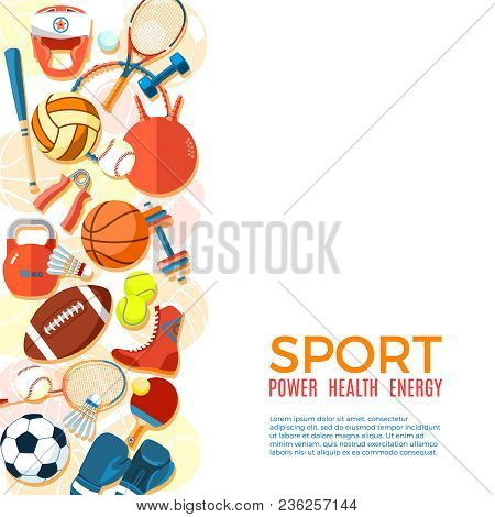 Banner Of Sport Balls And Gaming Equipment. Background For Promotional Posters, Advertising Flyers, 
