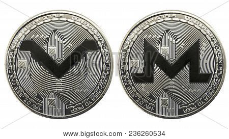 Silver Coins Cryptocurrency Monero And Monerov On A White Background. Xmv And Xmr Currency.