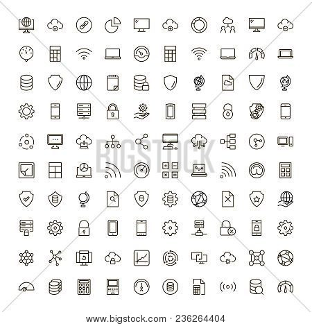 Databse Icon Set. Collection Of High Quality Outline Server Pictograms In Modern Flat Style. Black I