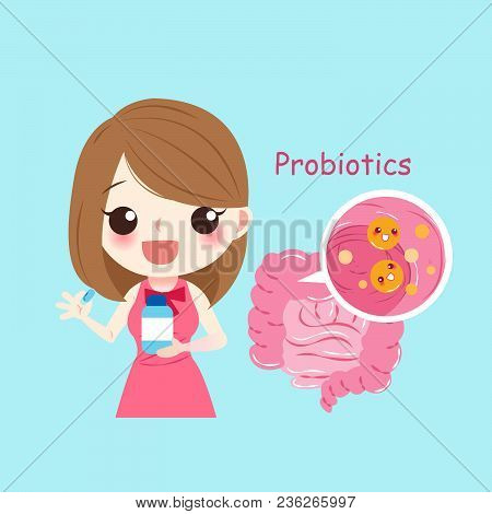 Woman With Probiotics On The Blue Background