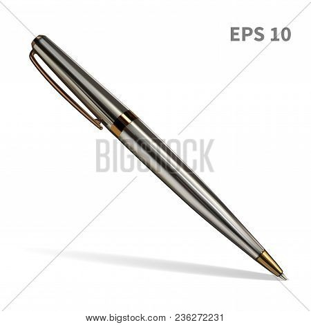 A Realistic Ballpoint Pen, In A Melallic, Silver Color, With Gold Details. Isolated On White Backgro