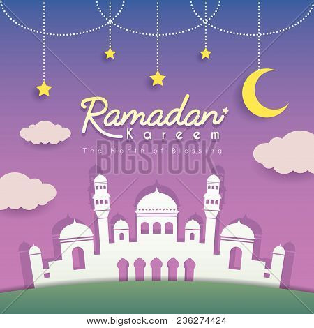Ramadan Greeting Card. Mosque Silhouette With Crescent Moon, Stars And Clouds As Background. Vector 