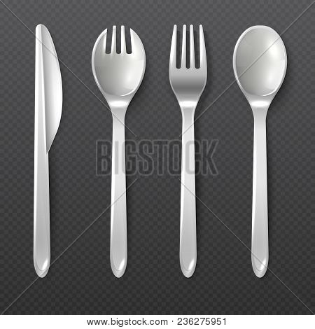 Realistic Disposable White Plastic Spoon, Fork And Knife Vector Isolated Cutlery. Illustration Of Pl