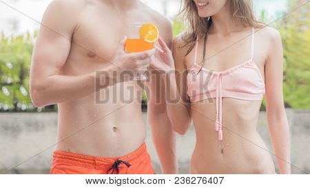 Fashion Couples In Underwear Summer Beach Bikini Of Slim Women And Muscle Man People In Top Nude Wit