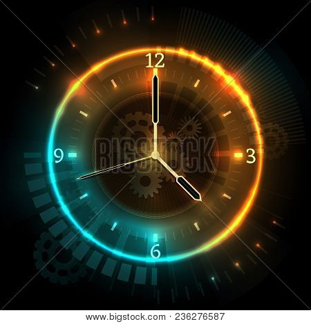 Digital Futuristic Watch With Neon Effects. Time Abstract Vector Concept With Clock. Time Neon Clock
