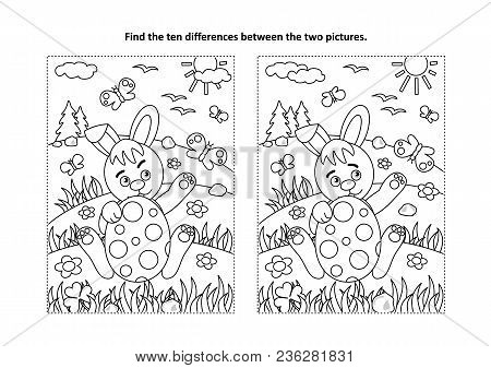Easter Holiday Themed Find The Ten Differences Picture Puzzle And Coloring Page With Bunny And Paint