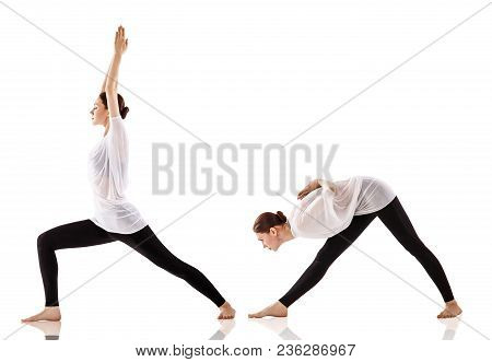 Collage Of Young Woman Doing Yoga Exercise. In Warrior Possition. Isolated On White Background.
