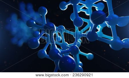 3d Illustration Of Atomic Grids Is Seen Against A Blurred Blue Background. Concept Of Medicine And S
