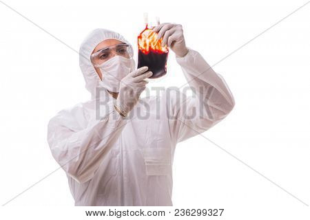 Epidemiologist with blood sample isolated on white background