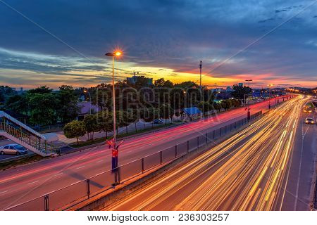 1 Dec 2017 Taman Perlin, Johor Bahru, Malaysia :light Trails At Blue Hour On Road Of Traffic Lights 
