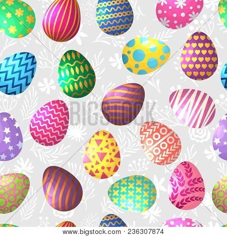 Seamless Pattern Of Colored Easter Eggs. Easter Holiday Spring, Seamless Pattern Colored Eggs Illust