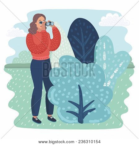 Vector Cartoon Illustration Of Woman Looks Through Binocular In The Bush On Park Landscape.