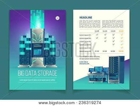 Vector Cartoon Brochure With Server Equipment For Data Processing And Storage, Cloud Services, Datab