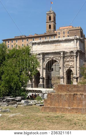 Rome, Italy - June 24, 2017: Capitoline Hill, Septimius Severus Arch At Roman Forum In City Of Rome,