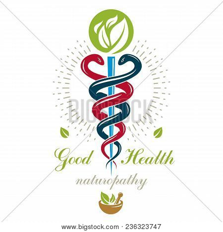 Aesculapius Vector Abstract Logo, Caduceus Symbol Composed With Mortar And Pestle For Use In Medical