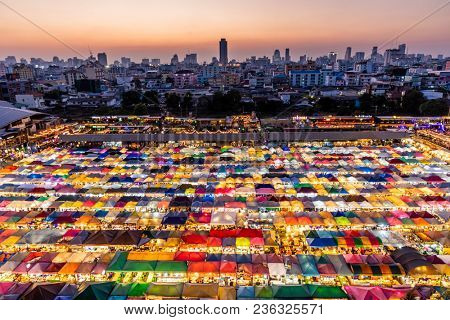 BANGKOK, THAILAND - MARCH 16, 2018 : The colorful Rod Fai Ratchada night market in Bangkok, Thailand