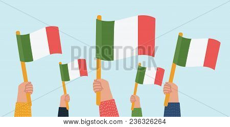 Vector Cartoon Illustration Of Italy Fans. Crowd With Flags In Hands. Isolated Background.