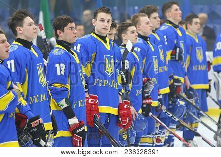 Kyiv, Ukraine - April 14, 2018: Players Of Ukraine National Team During The Iihf 2018 Ice Hockey U18