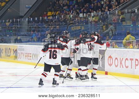 Kyiv, Ukraine - April 14, 2018: Players Of Japan National Team Reacts After Scored A Goal During The