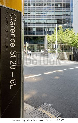 Sydney, Australia - Nov 14, 2017: Vertical Road Sign That Marks Clarence Street, Building Designatio