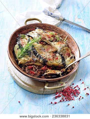 Traditional Greek Moussaka Casserole With Eggplant And Ground  Lamb Or Beef.
