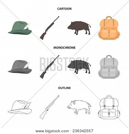 A Hunting Hat With A Feather, A Wild Boar, A Rifle, A Backpack With Things..hunting Set Collection I