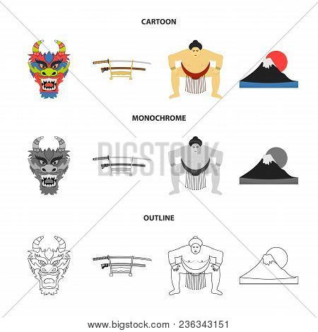 Dragon Mask, Katano, A Man Is A Sumo Player, A Fujiama Mountain.japan Set Collection Icons In Cartoo