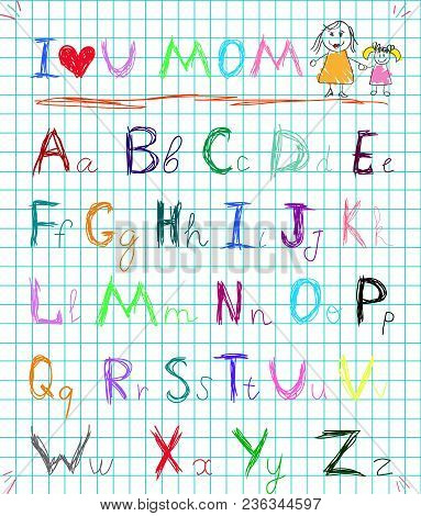 Rainbow Colorful Baby Sketchy Hand Drawn Painting Style Doodle Alphabet Letters On Squared Notebook 