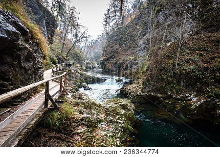 Soteska Vintgar, The Vintgar Gorge Or Bled Gorge In Slovenia. Famous Canyon With River Radovna, Wate