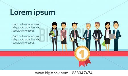Two Successful Business Men Shaking Hands With Group Of Businesspeople Standing At Red Ribbon And Me