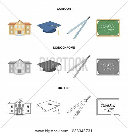 School Building, College With Windows, A Master Or Applicant Hat, Compasses For A Circle, A Board Wi