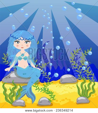 Vector Background With An Underwater World In A Children's Style. A Mermaid Is Sitting On A Rock. Wo