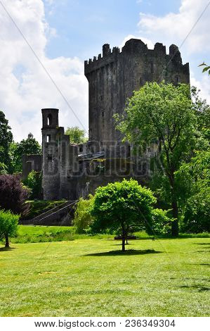The Ancient Blarney Castle In Ireland And Blue Sky.