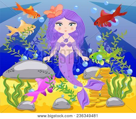 Vector Background With An Underwater World In A Children's Style. A Mermaid Is Sitting On A Rock. Wo